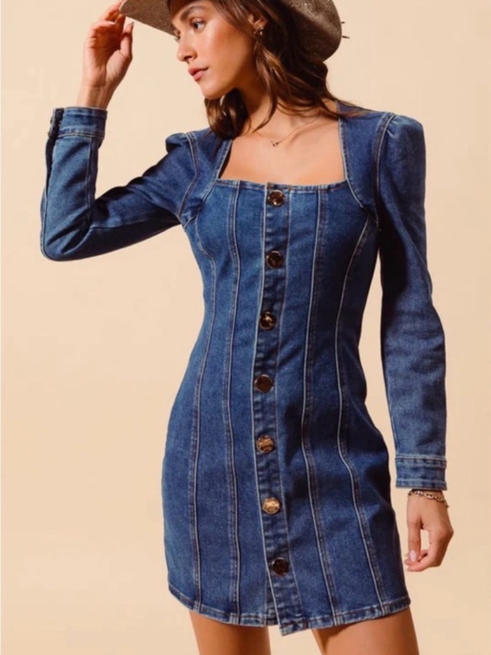 House of Harlow 1960 Denim Button-Front Square Neck Mini Dress - Size: 6 - NWOT!